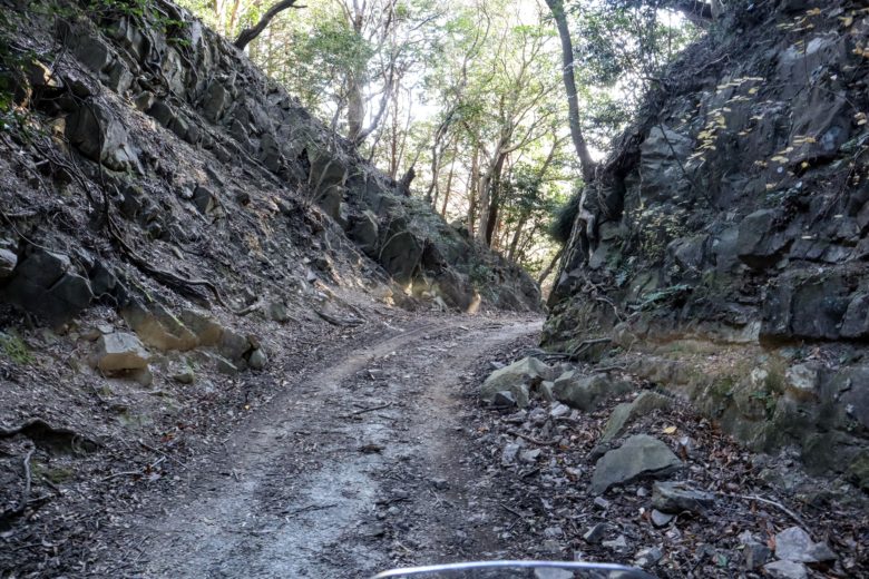 林道柏原山線の由良町側。切通しの荒れた舗装路
